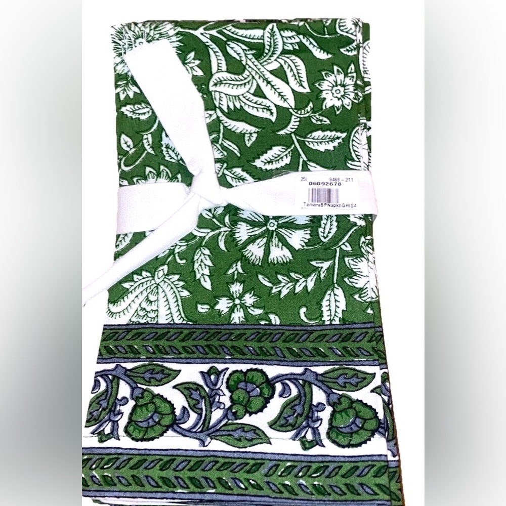 Set of 4 Pottery Barn Tamara Block Cloth Napkins Organic Cotton Green White